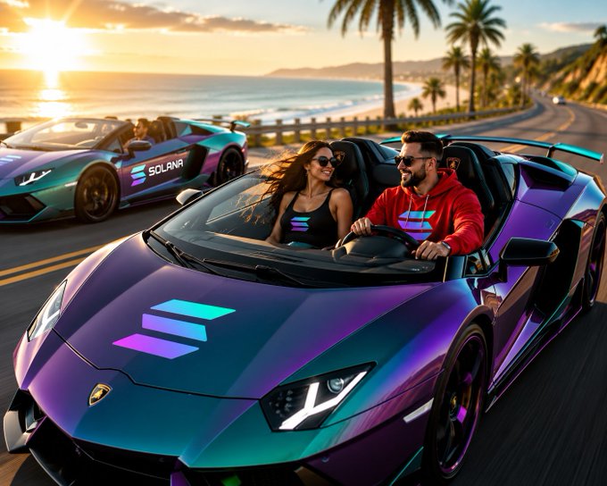 A stylized digital artwork showing two iridescent purple and blue sports cars with Solana logos driving along a coastal road at sunset.