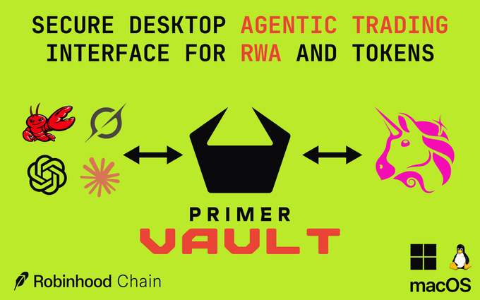 The image is a promotional graphic for "Primer Vault," a secure desktop interface for agentic trading of real-world assets (RWA) and tokens, shown connecting various AI agents (Claude, ChatGPT, etc.) to crypto platforms like Uniswap on Robinhood Chain, with macOS compatibility indicated. The bright green background features the Primer Vault logo alongside icons representing the supported tools and ecosystems, visually emphasizing its accessibility and broad compatibility as described in the post.