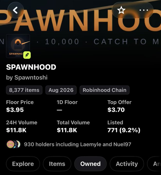 A screenshot of an NFT collection page for "SPAWNHOOD" by Spawntoshi on the Robinhood Chain, showing a floor price of $3.95 and 24H volume of $11.8K.