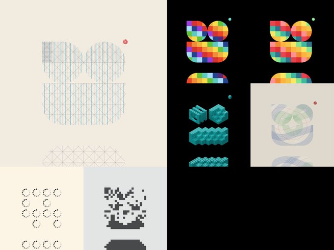 A grid of design assets and icons featuring geometric shapes, pixel art, and wireframe patterns in various color schemes.