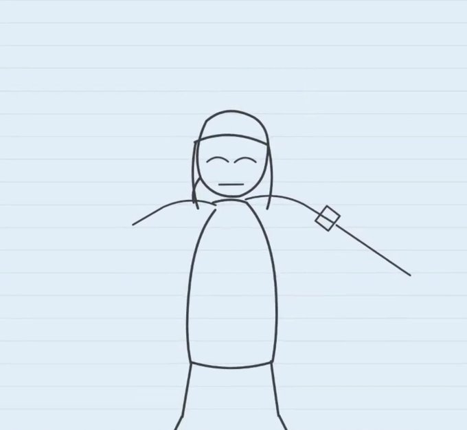 A simple stick figure drawing of a smiling person with arms outstretched, one wearing what appears to be a small square object on their wrist.