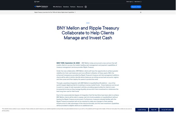 A press release dated September 23, 2020 announces that BNY Mellon and Ripple Treasury have collaborated to help clients better manage and invest their cash by leveraging Ripple's treasury and risk management platforms, providing greater visibility into cash balances and more efficient utilization of these assets. The image supports the post's claim by documenting this early infrastructure milestone, showing how BNY Mellon serves as the underlying banking partner—now extended to RLUSD custody—while Ripple has expanded its treasury capabilities through acquisitions like GTreasury to build a comprehensive corporate money-movement platform using stablecoins and digital assets.