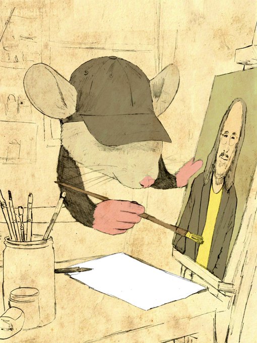 A cartoon mouse wearing a backwards baseball cap sits at an easel, painting a portrait of a bearded man (resembling a stylized Roger Federer) with a brush in hand. The whimsical illustration, set in a rustic studio with jars of paintbrushes, serves as a creative tribute referencing the caption about an NFT artwork dedicated to the XRP community.