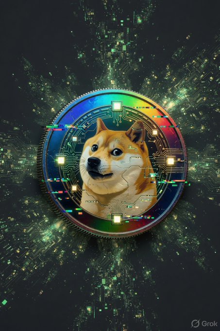 A digital artwork of a Shiba Inu dog on a colorful circuit-board coin against a dark tech background, watermarked with 'Grok'.