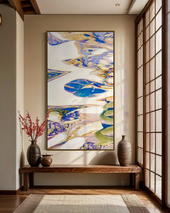 A tall abstract painting with blue, gold, white, and green fluid patterns hangs on a wall above a wooden bench adorned with vases, set in a warmly lit interior with shoji-style sliding doors.