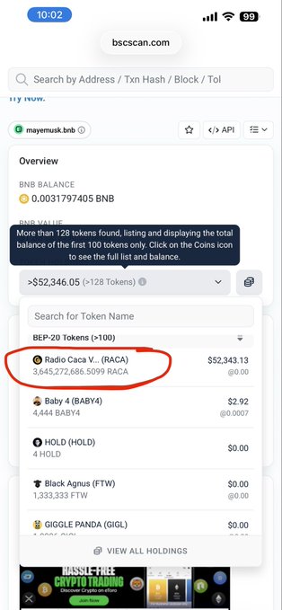 A mobile screenshot of bscscan.com showing wallet overview with BNB Balance and tokens, with "Radio Caca V. (RACA)" valued at $52,343.13 circled in red.