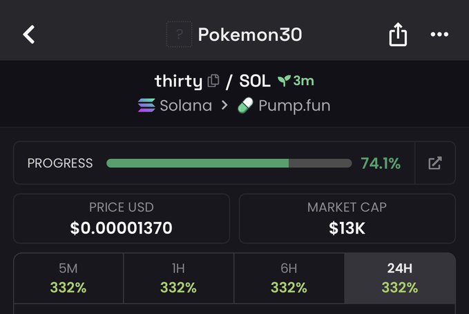 A mobile screenshot of a token tracker showing 'thirty' (Pokemon30) on Solana via Pump.fun, with a 74.1% bonding curve progress, a price of $0.00001370, and a $13K market cap, with 332% gains across all timeframes.