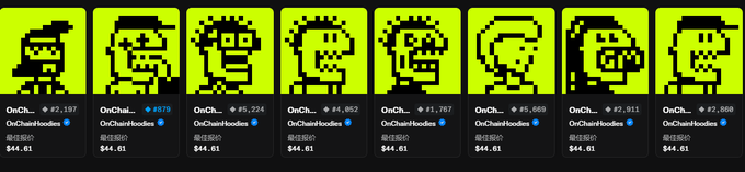 A row of eight yellow pixel-art profile icons listed as OnChainFoodies on a marketplace, each priced at approximately $44.61, with various follower counts ranging from #2,197 to #9,669.