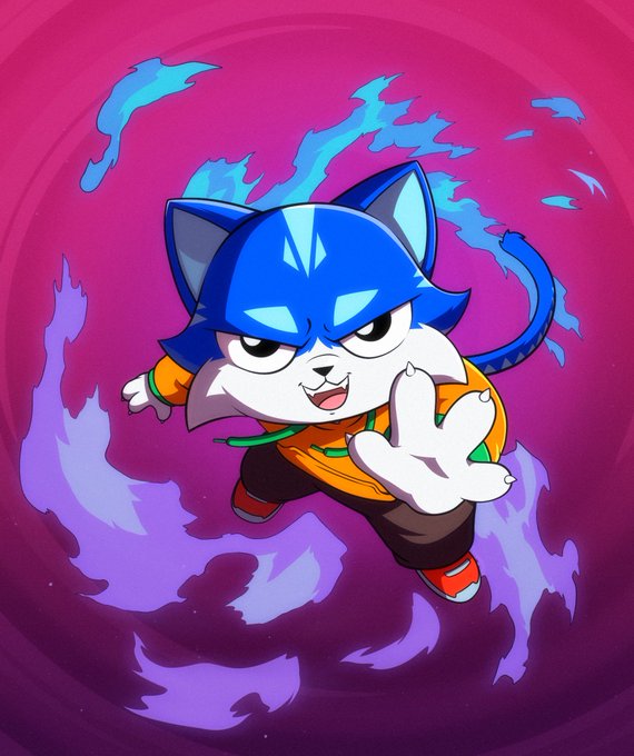 An anime-style blue and white cat character with piercing eyes reaches forward confidently, surrounded by swirling purple and blue flames against a pink background, perfectly capturing the fearless intensity of the message "Don't flinch."