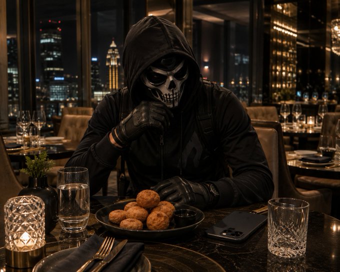 A person in a black hooded outfit and skull mask sits at a restaurant table with a plate of fried food, water glasses, and a phone, set against a nighttime city skyline view.