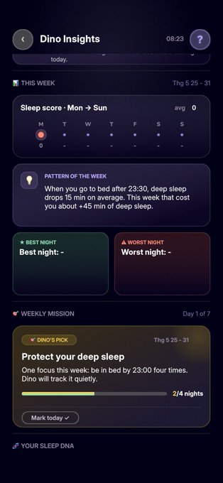 iphone screen displaying a sleep tracking app, with a purple background and white text.