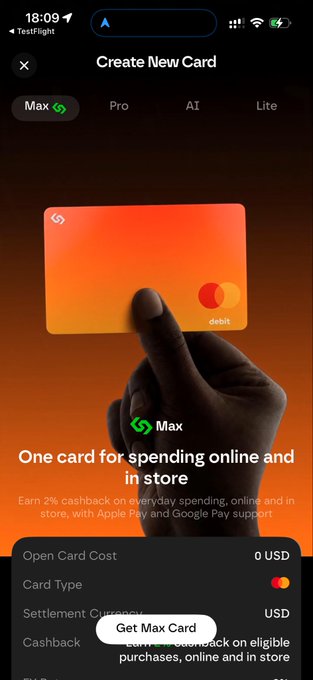 The image shows a mobile app screen titled "Create New Card" featuring a red Mastercard debit card labeled "Max" being held by a hand, with a tagline promoting "One card for spending online and in store" and details about 2% cashback with no card opening cost. The card creation interface aligns with the post's promotion of a "Max" crypto card offering 2% cashback with Apple Pay and Google Pay support, alongside 8% APY on stablecoins and 4% APY on BTC.