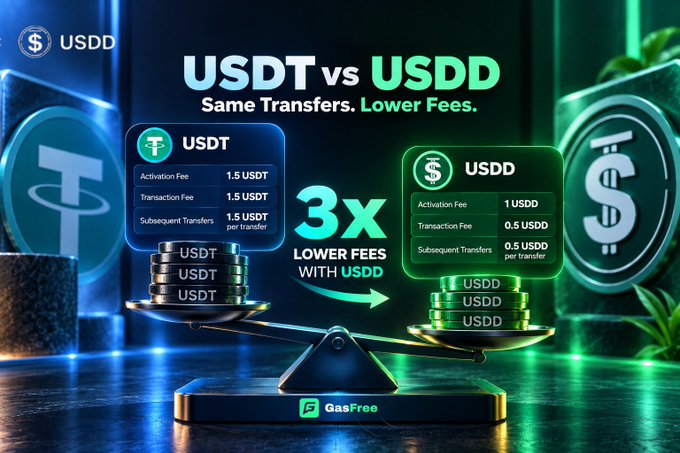 A promotional comparison graphic showing USDT vs USDD fee structures on a balance scale, highlighting that USDD offers 3x lower fees with GasFree (1.5 USDT activation/transaction fees vs 1 USDD and 0.5 USDD for subsequent transfers). The image visually reinforces the post's finding that USDD transfers through GasFree on TRON are significantly cheaper than USDT transfers.