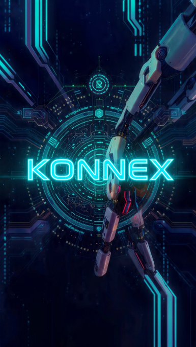 A futuristic, neon-blue cybernetic graphic with the word 'KONNEX' in glowing letters over a mechanical hand and circuit board background.