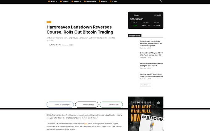 A news article headline reads 'Hargreaves Lansdown Reverses Course, Rolls Out Bitcoin Trading' alongside a Bitcoin price ticker showing $79,929.00.