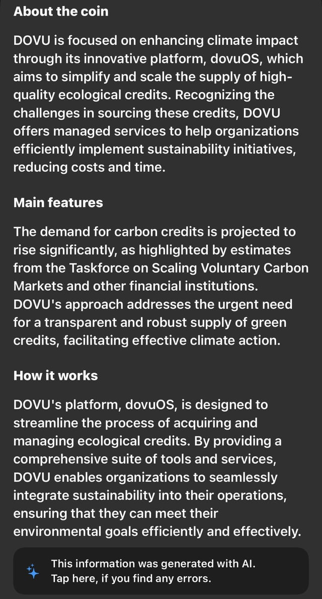 The image shows a screenshot of a social media post about a coin named DOVU. It has several lines of information provided, including a description of the coin being a token for carbon credits, its purpose in helping to combat climate change, and other details related to its functionalities. The caption on the image reads: "Tangem AI DOVU Info". There is also text surrounding the image that includes instructions or tips about the coin's features.