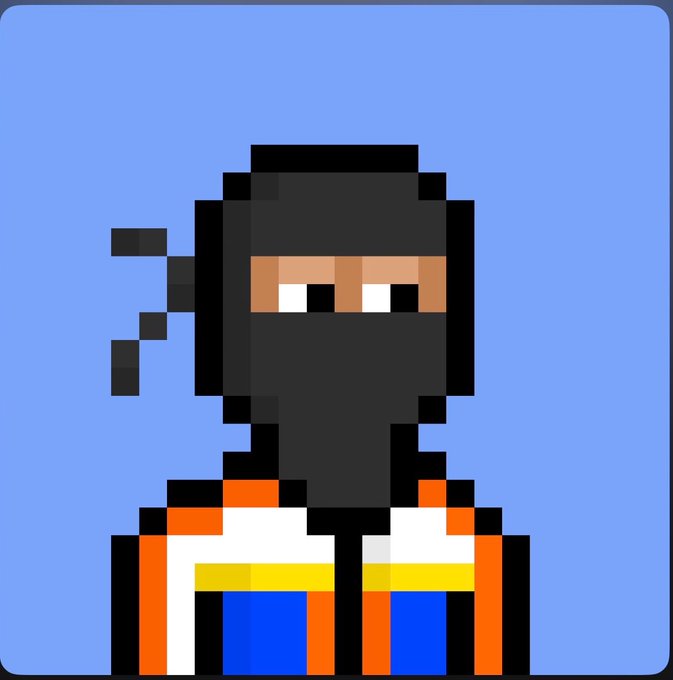 Pixel art illustration of a ninja character wearing a black hood and face mask with only the eyes visible, sporting an orange and white outfit against a blue background.