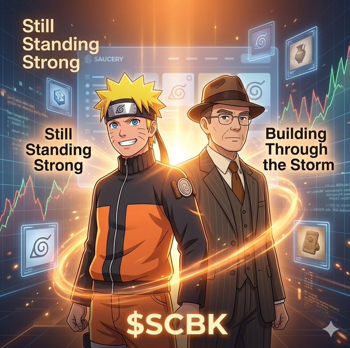An anime-style illustration depicts two characters resembling Naruto Uzumaki, one in a ninja outfit and the other in a suit and fedora, standing before digital interfaces. The image is overlaid with text reading 'Still Standing Strong,' 'Building Through the Storm,' and prominently displays the ticker '$SCBK.'