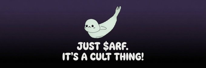 A white seal floats on a dark purple background above the text "JUST $ARF. IT'S A CULT THING!".