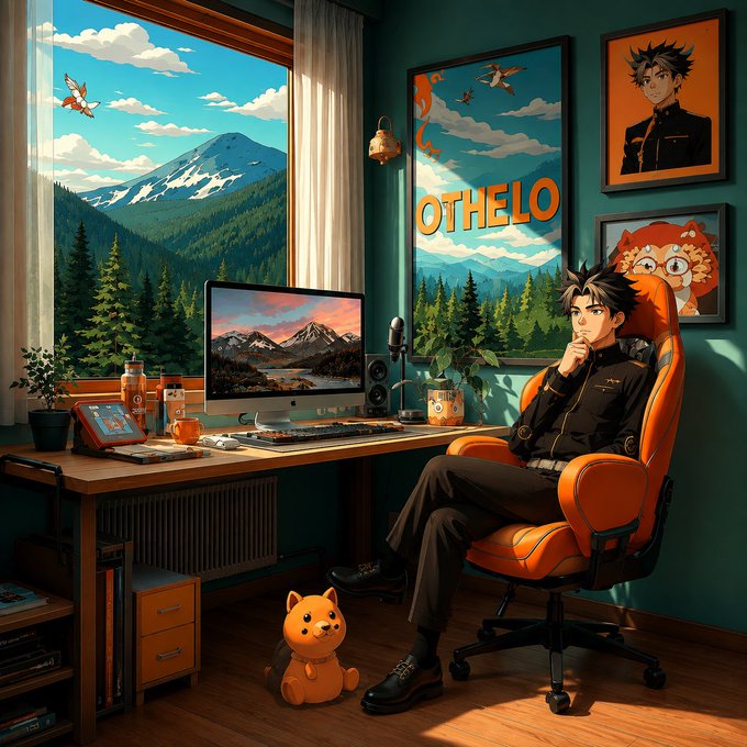 An anime-style illustration shows a dark-haired man in an orange gaming chair at a desk with a computer, framed by posters including "OTHELO" and a mountain window view, with a small orange bear plush on the floor.