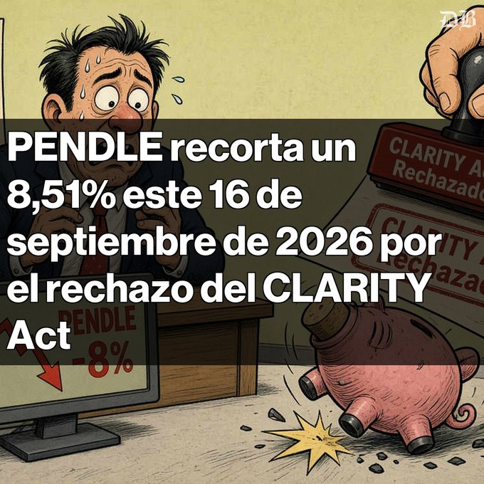 A cartoon-style image showing a sweating man at a desk with a piggy bank being smashed by a 'CLARITY Rechazado' stamp, overlaid with Spanish text stating 'PENDLE recorta un 8,51% este 16 de septiembre de 2026 por el rechazo del CLARITY Act'.