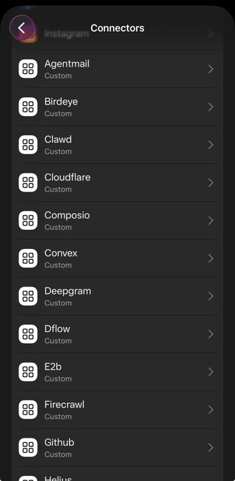 A dark-themed mobile app screen titled "Connectors" listing integrations such as Agentmail, Birdeye, Clawd, Cloudflare, Composio, Convex, Deepgram, Dflow, E2b, Firecrawl, Github, and Helius, each marked as "Custom."