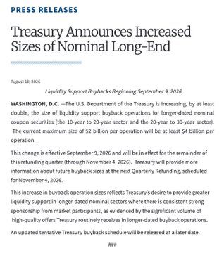 U.S. Treasury press release from August 19, 2026, announcing increased sizes of nominal long-end buyback operations beginning September 9, 2026.