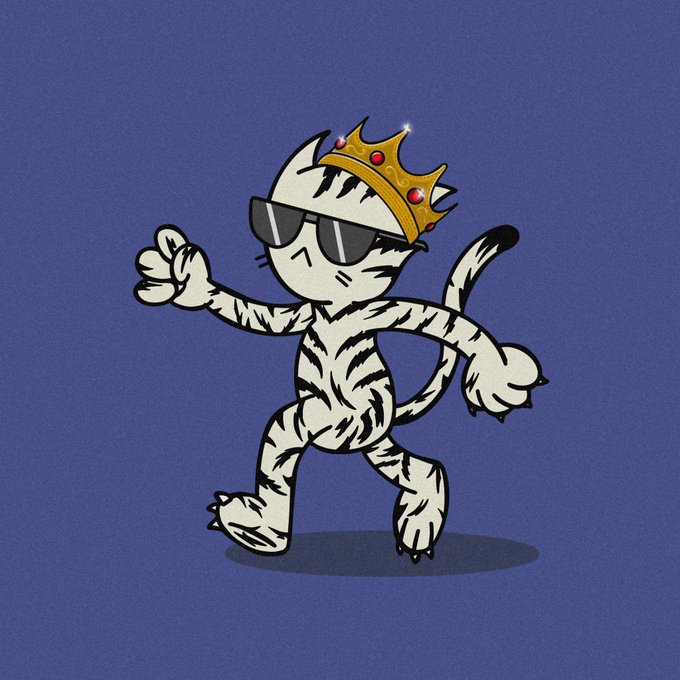 A cartoon white tiger wearing black sunglasses and a gold crown with red jewels poses with one hand extended outward on a dark blue background.