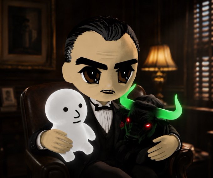 A chibi-style character resembling a dapper butler in a black tuxedo holds a small, cute ghost with a wink in one arm and a snarling, green-horned demon dog with glowing red eyes in the other, seated in a dimly lit vintage room. The image ties to the post's "Black Bulls in action" caption, playfully personifying the bullish and bearish forces in crypto with the ghost and demonic dog symbolizing meme coin spirits $ANSEM and $MANLET.