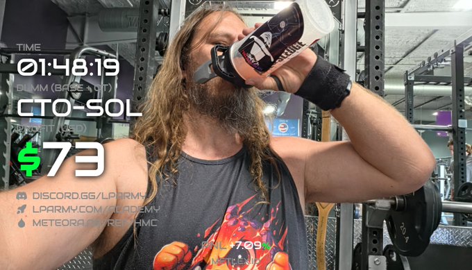 A long-haired, bearded man drinking from a shaker bottle in a gym, with an overlay displaying 'TIME 01:48:19', 'TO-50L', a green '$73', and social media links including discord.gg/LPARMY.