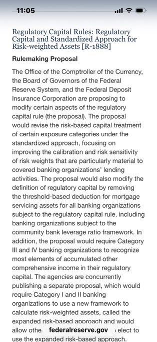 The image shows a mobile screenshot of a regulatory document titled "Regulatory Capital Rules: Regulatory Capital and Standardized Approach for Risk-weighted Assets [R-1888] Rulemaking Proposal," referencing federal banking agencies including the Office of the Comptroller of the Currency, Federal Reserve, and FDIC. The accompanying post about the Fed's GENIUS Act stablecoin regulations relates to this image by highlighting the broader theme of upcoming federal financial regulatory deadlines, though the document shown concerns capital requirements rather than stablecoin rules specifically.