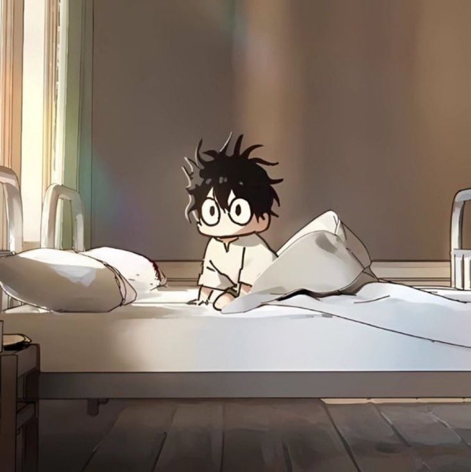 An anime-style illustration of a young boy with messy black hair and large wide eyes sitting up in a hospital bed, looking startled with a pillow beside him.