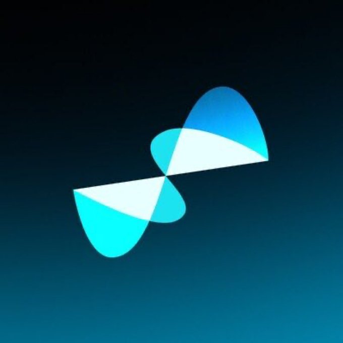 A minimalist logo featuring overlapping blue and white curved shapes arranged in an abstract, butterfly-like or atom-like design on a dark blue gradient background.