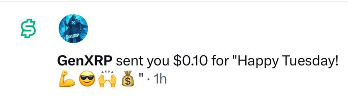 A Cash App notification from GenXRP showing a $0.10 tip with the message "Happy Tuesday!" accompanied by a flexed bicep, sunglasses, clapping hands, and money bag emojis, sent 1 hour ago, corresponding to the post celebrating X Tip #35 received from @GenXRP45.