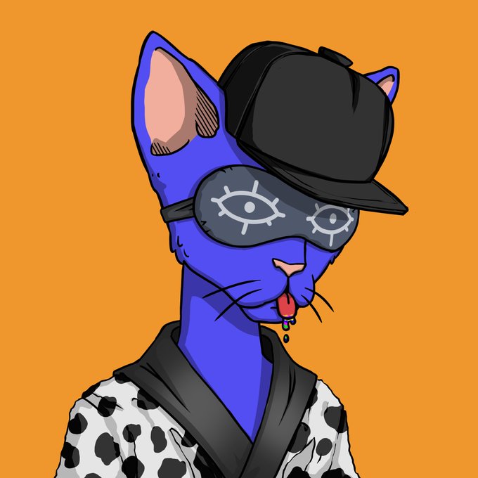 A stylized digital illustration of a blue cat wearing a black backwards cap and a black-and-white cow-print shirt, with an eye-pattern sleep mask pulled over its eyes and drool coming from its mouth, set against an orange background.