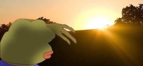 An animated green character gazing at a sunset, with a watercolor-style background featuring a golden sun and silhouettes of trees.