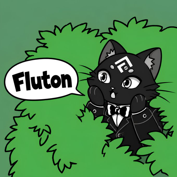 An illustrated black cat character in a suit with a speech bubble containing the word 'Fluton'.