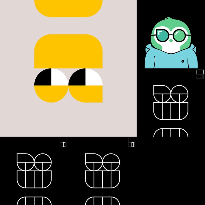 A digital artwork featuring a yellow-faced character with black-and-white eyes on a beige background, alongside a green character wearing glasses on a black background, with several white line-art sketches.