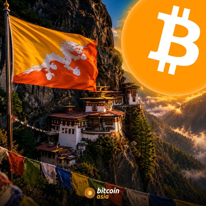 A digital artwork showing the Bhutanese flag flying in front of a mountain monastery, with a large Bitcoin logo on an orange sun and the 'bitcoin asia' logo at the bottom.