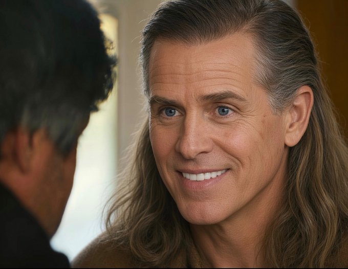 A close-up portrait of a smiling man with long graying hair and blue eyes looking at another person whose back is partially visible in the foreground.