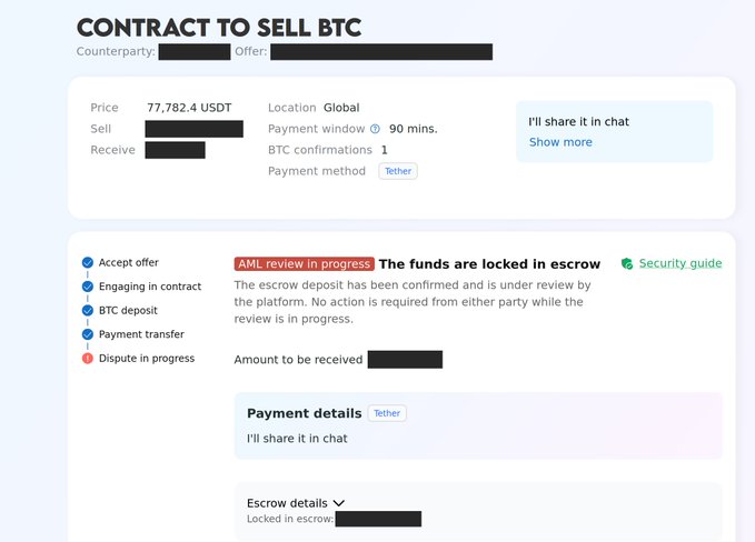 A screenshot of a Hodl Hodl "Contract to Sell BTC" page showing a 77,782.4 USDT offer with 1 BTC locked in escrow, a 90-minute payment window, Tether payment method, and an "AML review in progress" notice that halts the transaction—illustrating the platform's new mandatory AML check requirement for P2P Bitcoin swaps.