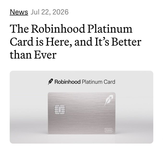 A news article titled "The Robinhood Platinum Card is Here, and It's Better than Ever," dated July 22, 2026, announces the new premium card with a $695 annual fee, which the post compares unfavorably to the EtherFi non-custodial card that offers 3% cashback with no yearly cost.