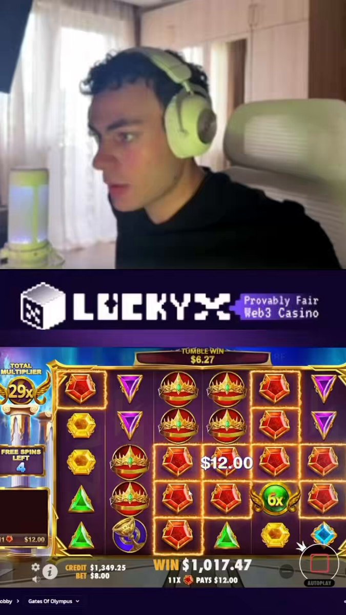 The image shows a man wearing headphones playing a video game, with a "Lucky X" logo at the top of the screen and text below congratulating him for winning $200. The background features a white background with black squares containing various shapes such as stars and diamonds. There is also an abundance of text in this area, which might be related to the gaming experience or the prizes won by players within the game.