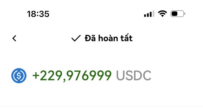 A mobile screen in Vietnamese showing 'Đã hoàn tất' (Completed) with a transaction of '+229,976999 USDC'.
