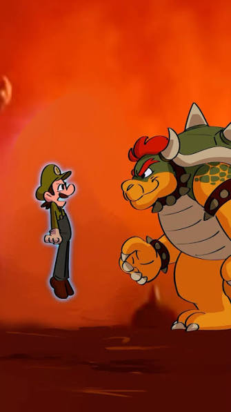An animated scene showing Luigi standing face-to-face with Bowser against an orange, fiery background.