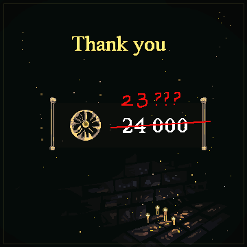A thank-you message graphic with 'Thank you' text, showing numbers '23???' crossed out and replaced with '24 000', featuring a watch illustration on a dark background with scattered lights.