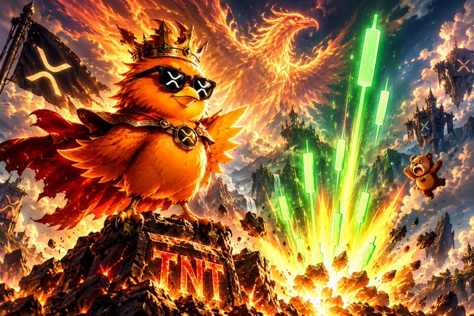 A crowned, sunglasses-wearing phoenix stands triumphantly over a "TNT" pedestal amid fiery explosions and falling green candlesticks, while a small bear tumbles through the chaos on the right—visually embodying the post's rallying cry to "blast the bears and ignite the Phoenix" for the $PHNIX token featured alongside RisePad and $XRP.