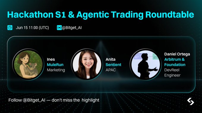 A promotional graphic for a "Hackathon S1 & Agentic Trading Roundtable" on June 15 at 11:00 UTC, featuring speakers Ines (MuleRun Marketing), Anita (Sentient APAC), and Daniel Ortega (Arbitrum & Foundation, DevReel Engineer).