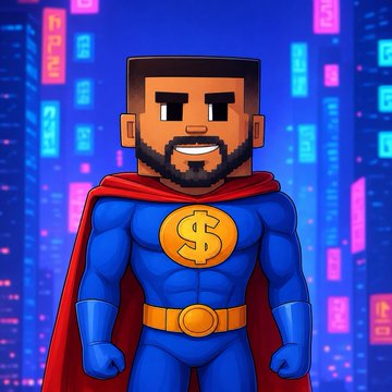 A cartoon-style superhero character with a beard, red cape, and a gold dollar sign on his blue chest stands against a neon cityscape background.
