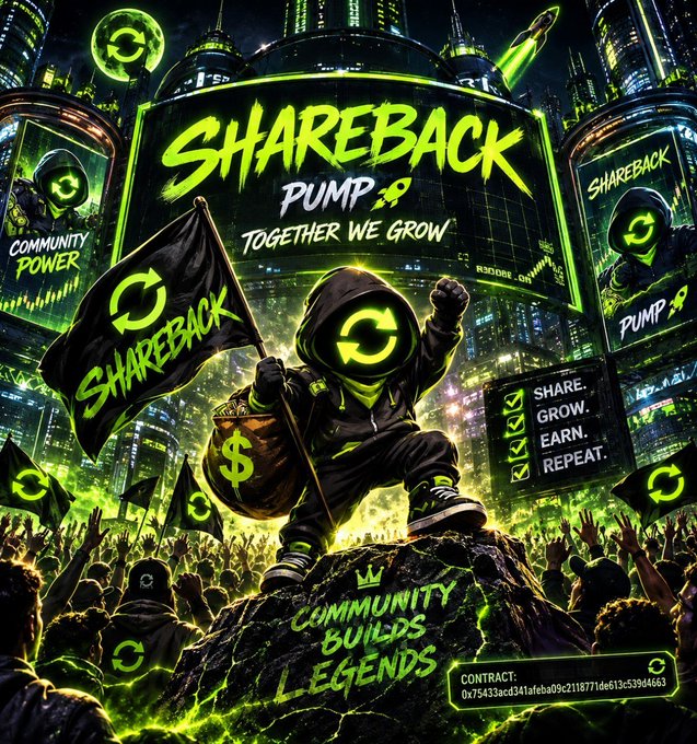 A hooded figure in green and black stands atop a rocky podium holding a "SHAREBACK" flag and a money bag, with billboards and a cheering crowd below displaying phrases like "PUMP," "TOGETHER WE GROW," "COMMUNITY POWER," and "SHARE. GROW. EARN. REPEAT.," alongside the contract address "0x75433acd341afeba09c211871de612c539d4663." The image visually captures the $SHAREBACK movement as a rallying, brand-driven Web3 community built around its core message of sharing, growing, earning, and repeating.